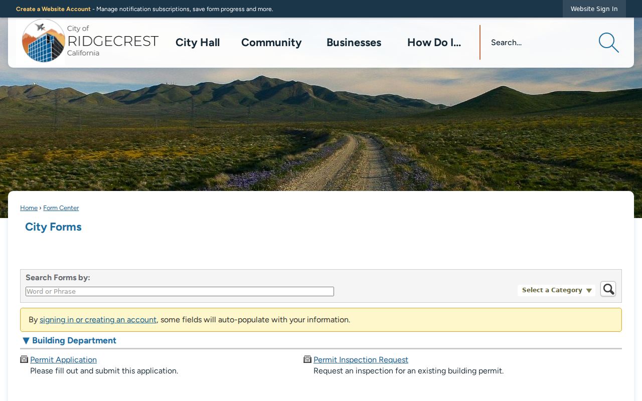 Ridgecrest previous residents city records and permit request
